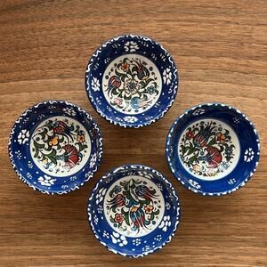 Handmade Turkish Ceramic Bowl set of 4, floral pattern navy